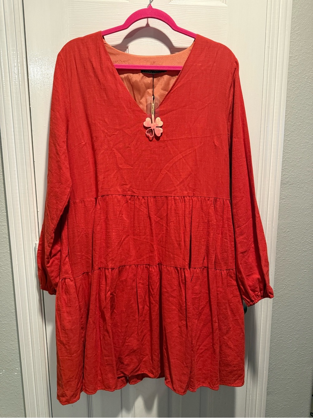 Fancyinn Coral-Red Tiered V-Neck Long Sleeve Dress